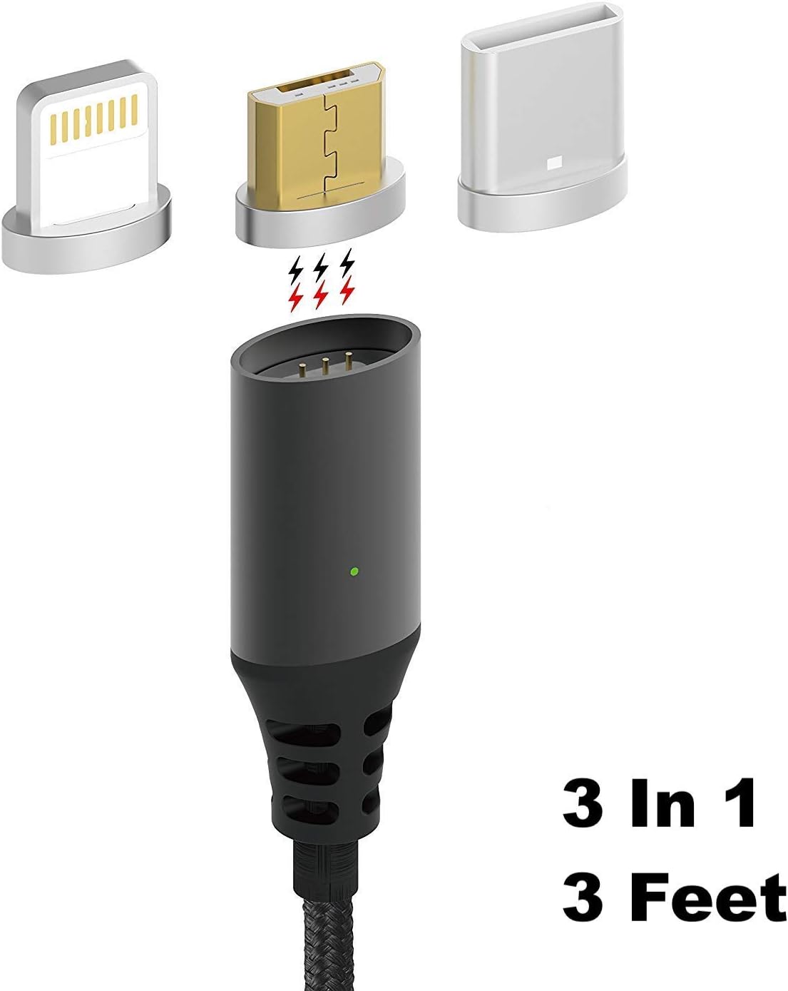 3 in 1 Nylon Braided Magnetic Charging Cable, Fast Charging Magnetic Cable Compatible Micro USB & USB-C Smartphones (3.3ft) (Black)