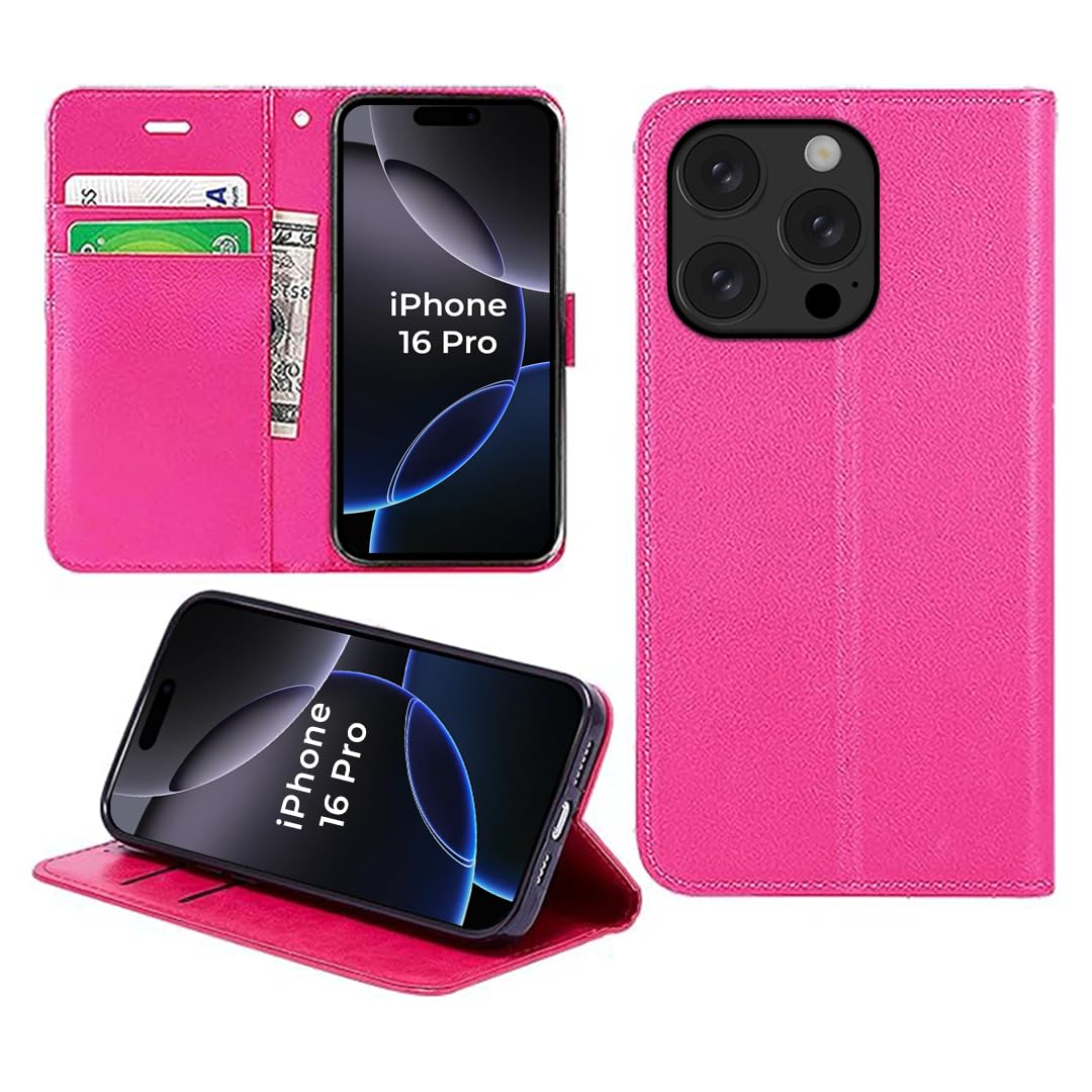 DN-Technology For iPhone 16 Pro Case Flip Wallet [Card Holder] [Magnetic Closure] [Kickstand] PU Leather Shockproof Phone Cover 6.3 inch (PINK)