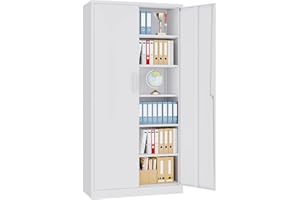 LISSIMO Metal Storage Cabinet with Lock,Tall White File Cabinet with 2 Doors and 5 Adjustable Shelves,Steel Storage Cabinets for Garage,Home Office,Pantry,School,Hospital