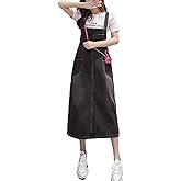 COWOKA Women's Denim Strap Dress Large Size Loose Casual Solid Color Mid-Length Skirt