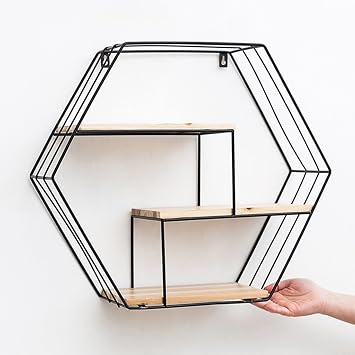étagère Hexagonale En Fer Forgé Noir étagère Murale En Bois Massif