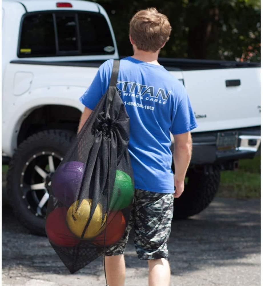 Sports Equipment Mesh Drawstring Bag/Backpack Bag/Duffle Bag for Gym Training, Soccer, Football, Basketball, Volleyball, Swimming Gear, Laundry, Beach Toys (18"x12" Drawstring Bag - Black) : Clothing