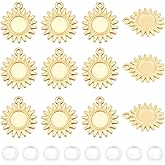 UNICRAFTALE 12 Sets 18K Gold Plated Blank Sun Charms Pendants 304 Stainless Steel Cabochon Bezel Pendant Trays Set Flat Round Blank Pendant Sun Bezel Cabochon Pendants Settings for Jewelry Decoration