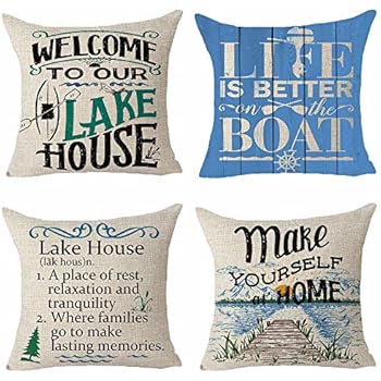 Set of 4 Words Welcome To Our Lake House Life Is Better On The Boat Wood Grain Mountain Color Painting Pillows Cotton Linen Decorative Home Office Throw Pillow Case Couch Cushion Cover 18X18 inches
