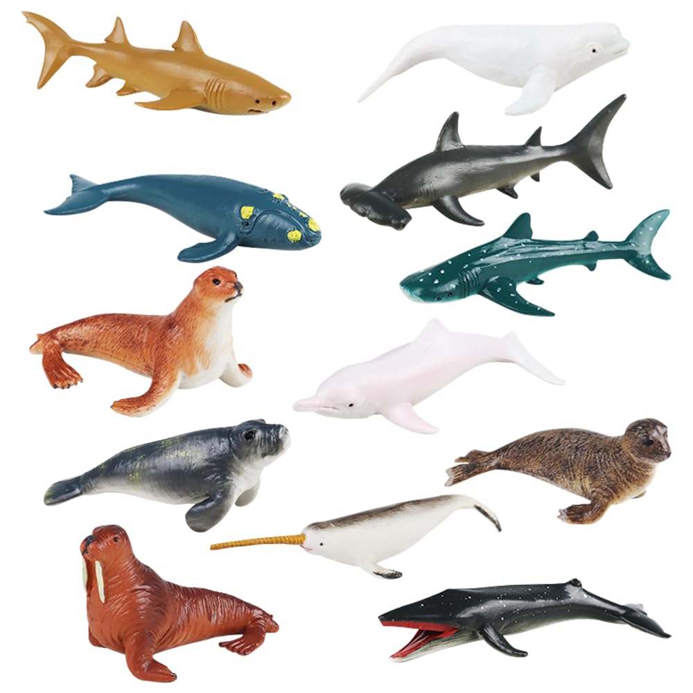 ZPSOSPZ Shark Figures, Ocean Animal Figures Toy, 12pcs Sea Shark Figures Set With Sharks Whales Seal Sea Creature Toys Cake Topper Bathroom Gift For Child Educational Kids Party