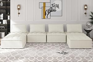 PUREMIND 128 Inches Modular Sectional Sofa, 6-Seats U-Shaped Sofa with Reversible Ottomans, Oversized Sectional Couch in Free Combination Linen Design, Living Room Furniture (Beige)