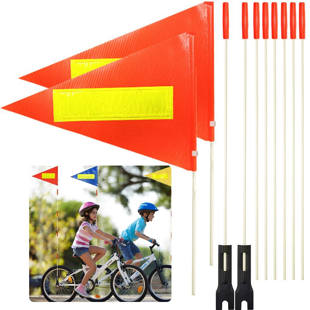 Photo 1 of 2 Pcs Bike Safety Flag with Pole, 6-Feet Adjustable Height Heavy Duty Fiberglass Pole Polyester Tear-Resistant Waterproof Safety Flags(Orange with Reflective Strip)