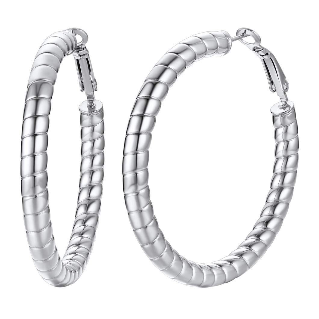 Clear Helix Earring For Lady Stainless Steel 40MM Diameter Hollow Circular Tube Loop Earbob Lightweight Women Jewellery Present For Wife Hypoallergenic Big Hoop Earrings (With Gift Box)