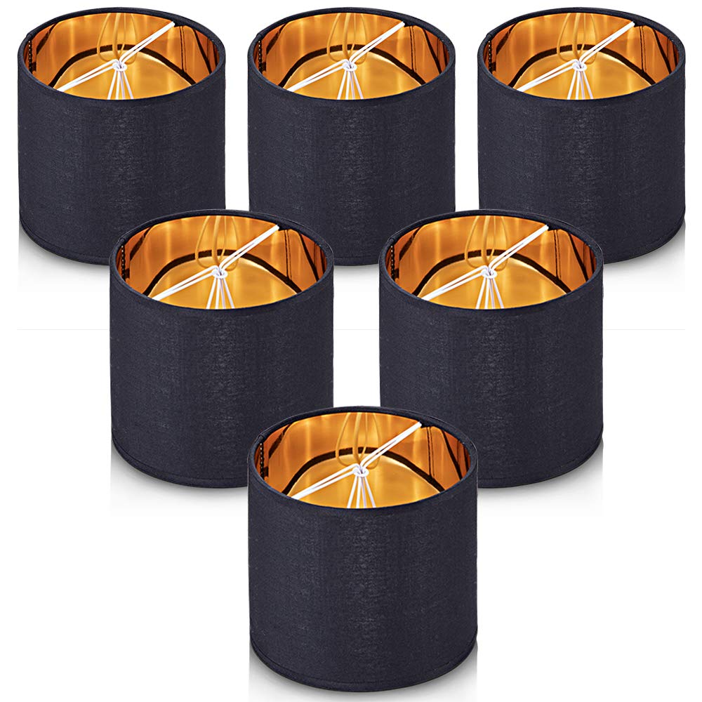 Wellmet Lampshades,Small Chandelier Shades ONLY for Candle Bulbs,Clip-on Drum Lampshades,Set of 6, 5.5&quot;x 5.5&quot;x5&quot;,Black Gold