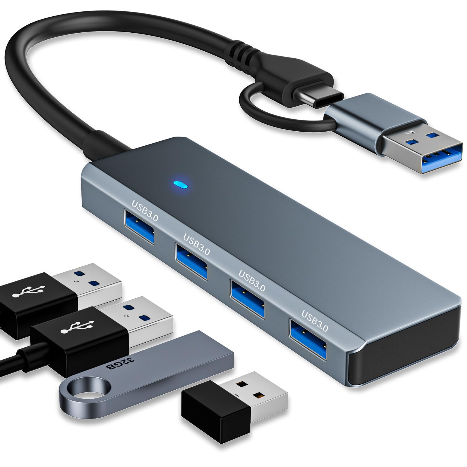 Photo 1 of tiavalmax USB 3.0 Hub 4 Ports 5Gbps, Dual USB-A/C Aluminum Splitter, Ultra-Slim Multiport Expander Adapter for iPhone 17/16/15,MacBook,iPad,Laptop,PC,Desktop,HDD, Keyboard, Mouse, Xbox, PS5,Android