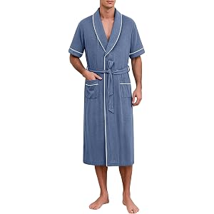 LBOVBE Short Sleeve Bathrobe for Mens Shawl Collar Contrast Trim Soft Comyf Robe Casual Lounge Nightshirts with Pockets