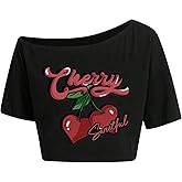 Hilinker Womens Graphic Off Shoulder Crop Tops Asymmetrical Short Sleeve T Shirt Loose Casual Tee