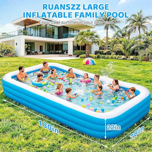 Extra Large Inflatable Pool for Adults, 180"x76"x22" Oversized Thickened Swimming Pool with Air Pump, Full Size Family Big Blow Up Pools for Backyard Garden Lawn Indoor Outdoor Summer Water Party