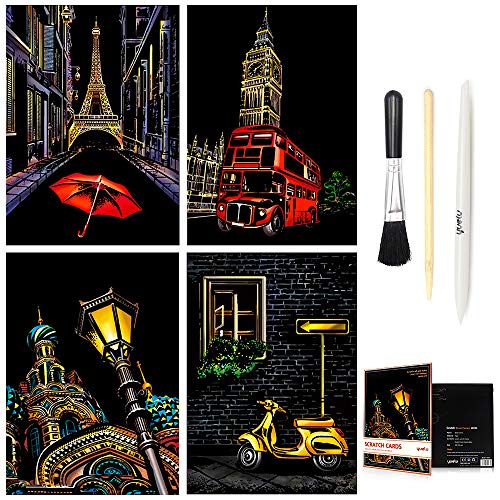 Pobec Scratch Art, Scratch Art Paper DIY Night View Scratchboard for Adult and Kids, with Scratch Paper Pens/Black Brush,8.2''x11.4'' (Corner) - Thumbnail 7