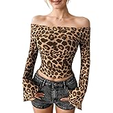 LOFAAC Women Y2K Leopard Print Off Shoulder Mesh Crop Top Sexy Slim Flared Sleeve Backless Sheer Going Out Crop Blouse