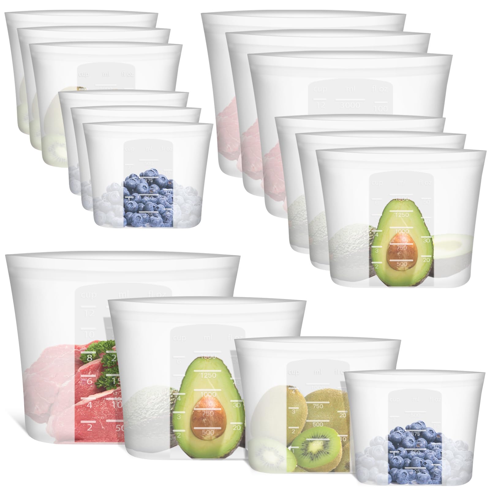Photo 1 of Reusable Storage Bag, 12 Pack 100% Silicone Food Storage Bags Stand Up Zip Lock Bags for Food, Freezer Microwave Oven Dishwasher Safe, 3 Extra Large(0.8 Gallon) 3 Medium 3 Small 3 X-Small, Translucent