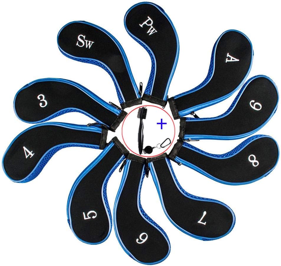EDATOFLY 10 Pieces Golf Iron Head Covers Long Neck Number Printing Irons Head Covers Set and 1 Piece Golf Iron Club Brush (Black+Blue) - Image 3