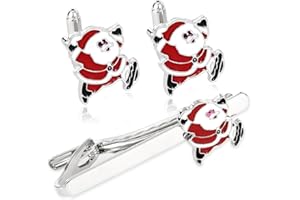 DTJA 3 pcs Christmas Cufflinks and Tie Clip Set for Men, Santa Claus and Rhinestone Tree Design, Silver Metal, Holiday Festival Dress Accessories Gifts for Dad Boyfriend