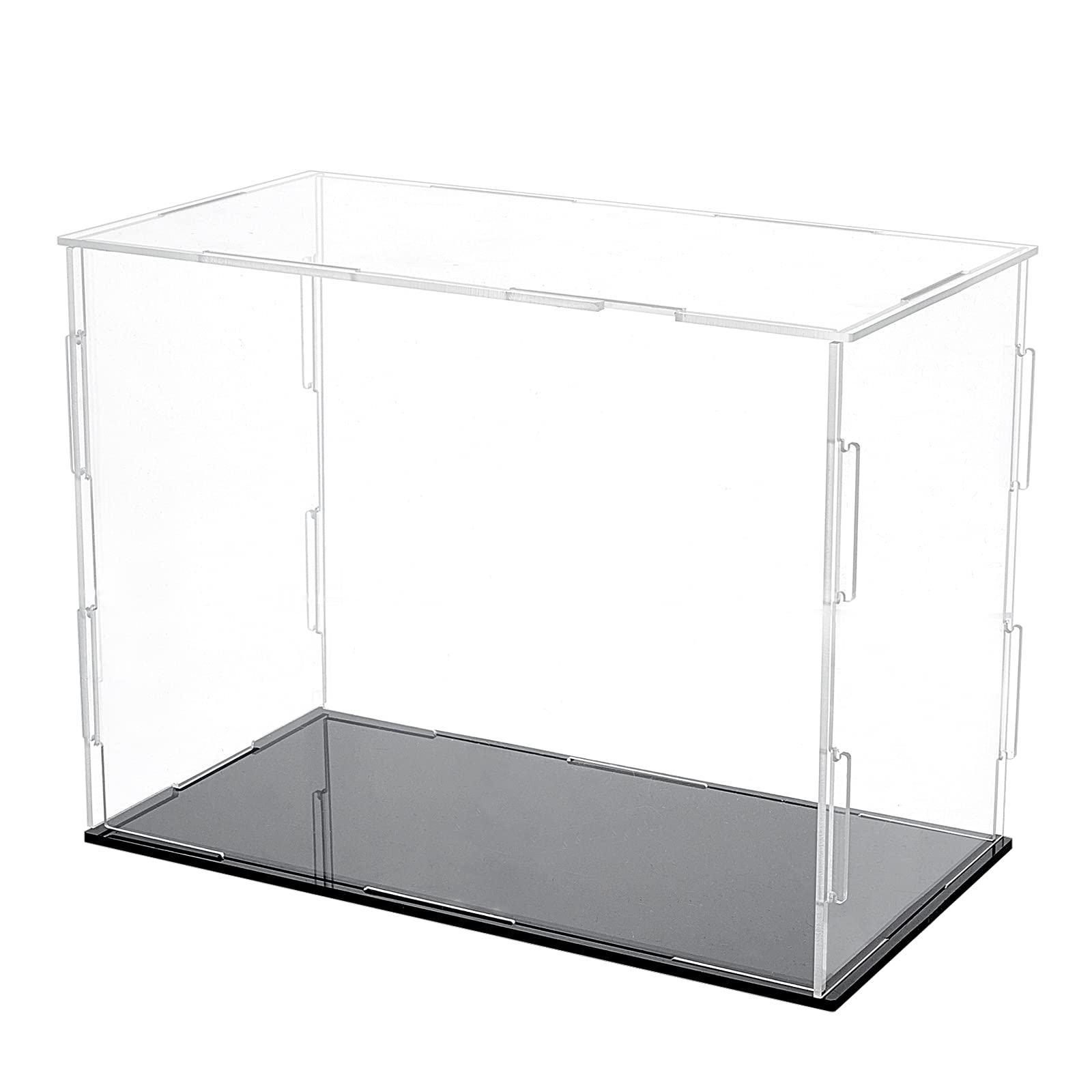 FINGERINSPIRE Acrylic Box with Black Stand and Rubber Band, 21x15cm Cube Clear Acrylic Display Cases for Collectibles, Self-Assembly Dustproof Countertop Box for Toys and Collections