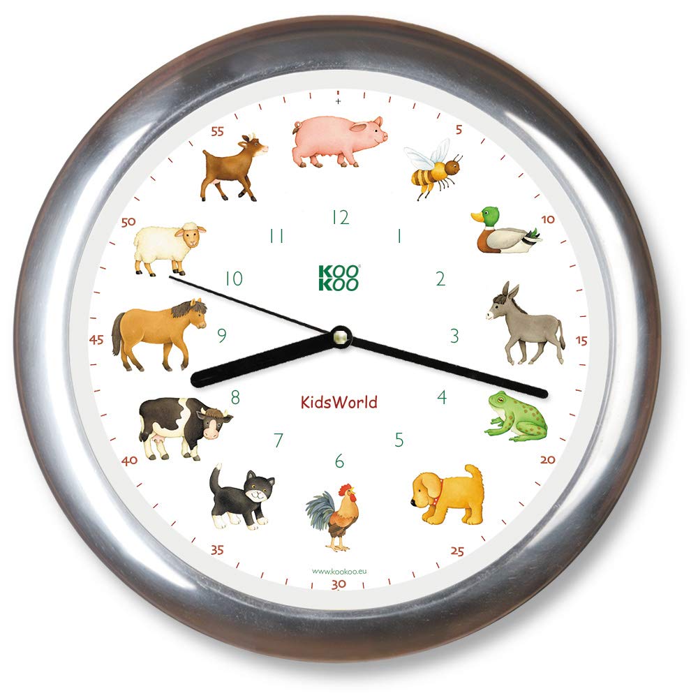KOOKOO KidsWorld Chrome, genuine wall clock with natural sounds, 12 farm animals