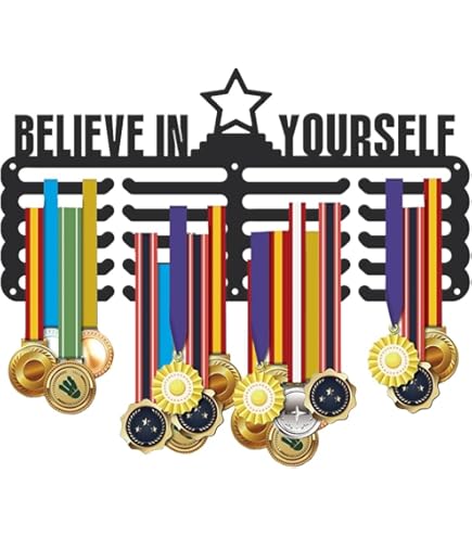 CREATCABIN Trail Running Medal Holder Runner Medal Hanger Display with Trophy Shelf Sports Rack Wall Mounted Frame Iron Metal Medal Hook for Hanging Medals Marathon Athlete Awards 35 x 18