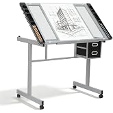 Magshion Drafting Table Adjustable Drawing Table | Art Craft Desk with 0-65&deg; Tilting Glass Tabletop, Painting Sketching Work Station with 4 Wheels &amp; 2 Drawers for Home Office