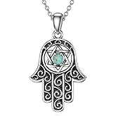 BETHZA Hamsa Hand Necklace, 925 Sterling Silver Genuine Turquoise Hand of Fatima Pendant Necklace Good Luck Jewelry Gifts for Women wife Girlfriend