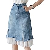 kakarin choyx Women's High Waist Vintage Denim Skirt A-Line Lace Double Layer Splicing Y2K Casual Fashion Jean Midi Skirt