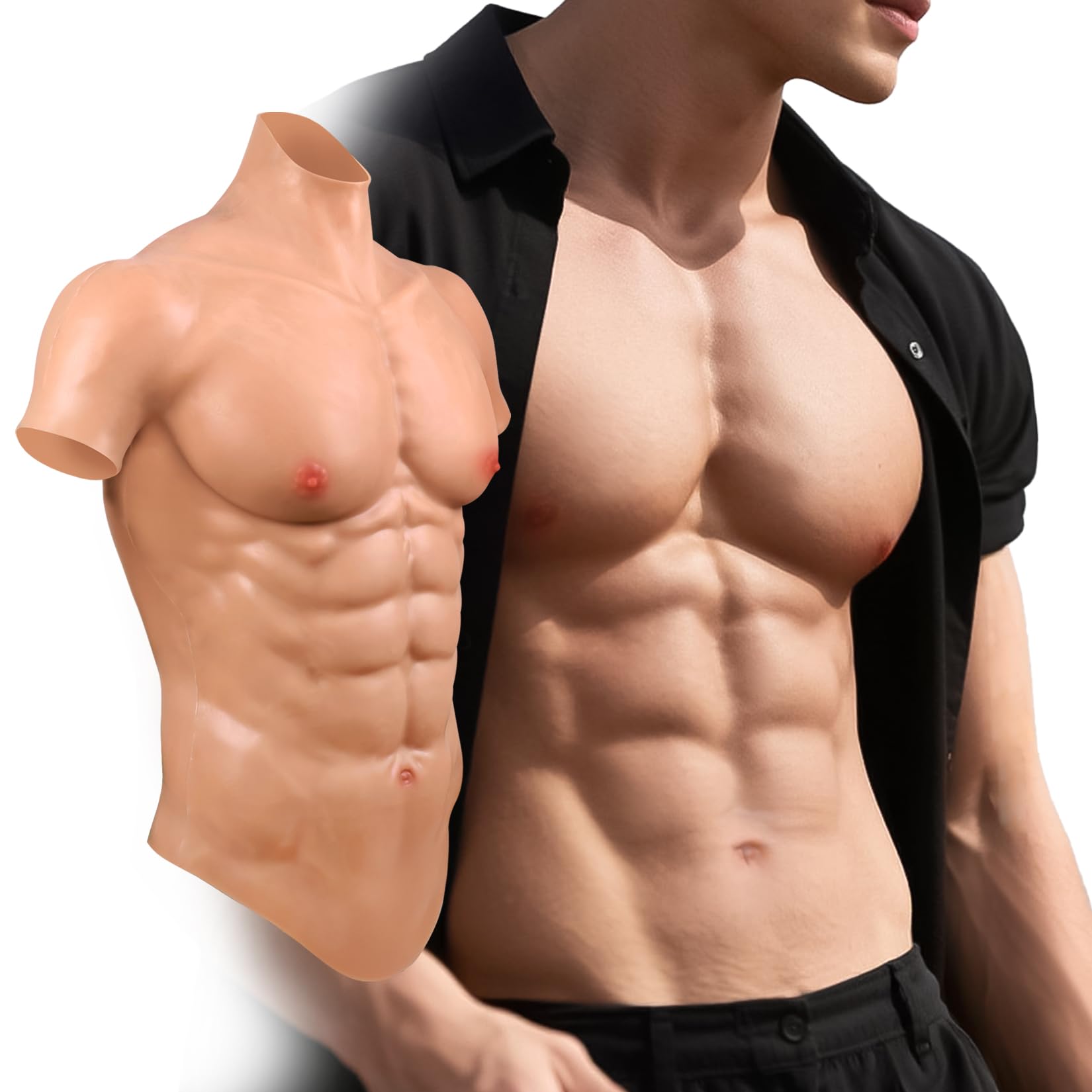 YEEFAIRY Realistic Silicone Muscle Chest With Lifelike Simulation Skin Texture Fake Male Abs Chest Armour Muscles Suit for Petite Man & Woman Crossdresser Cosplay (Bronze, XS Size)