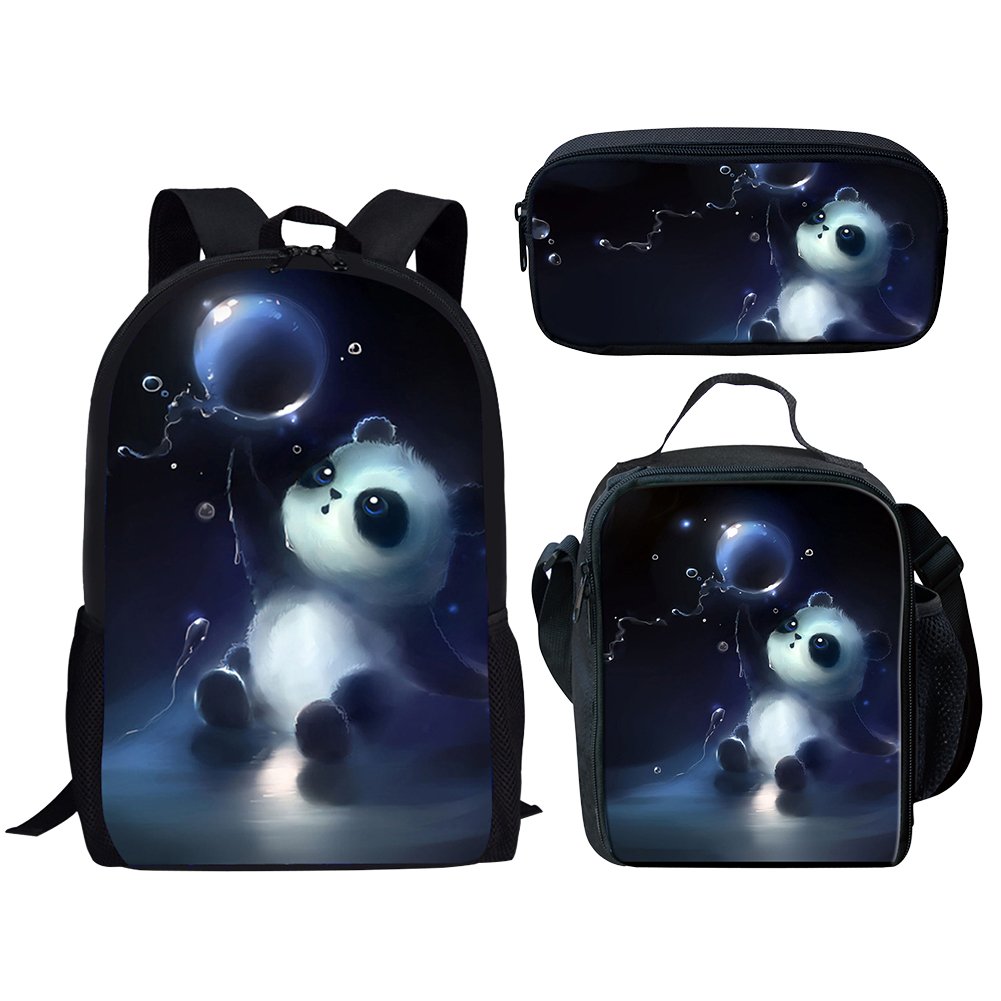 Middle School Student Backpack Lunch Bag Set Pen Bags for Boys Fashion Durable Daypack Panda Print