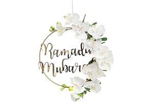 ELODIEAU Ramadan Mubarak Wreaths, Eid Mubarak Wreath Decorations for Front Door, Artificial Round Metal Hoop Floral Hanging Garland, for Wall Window Indoors Outdoor Farmhouse Decor