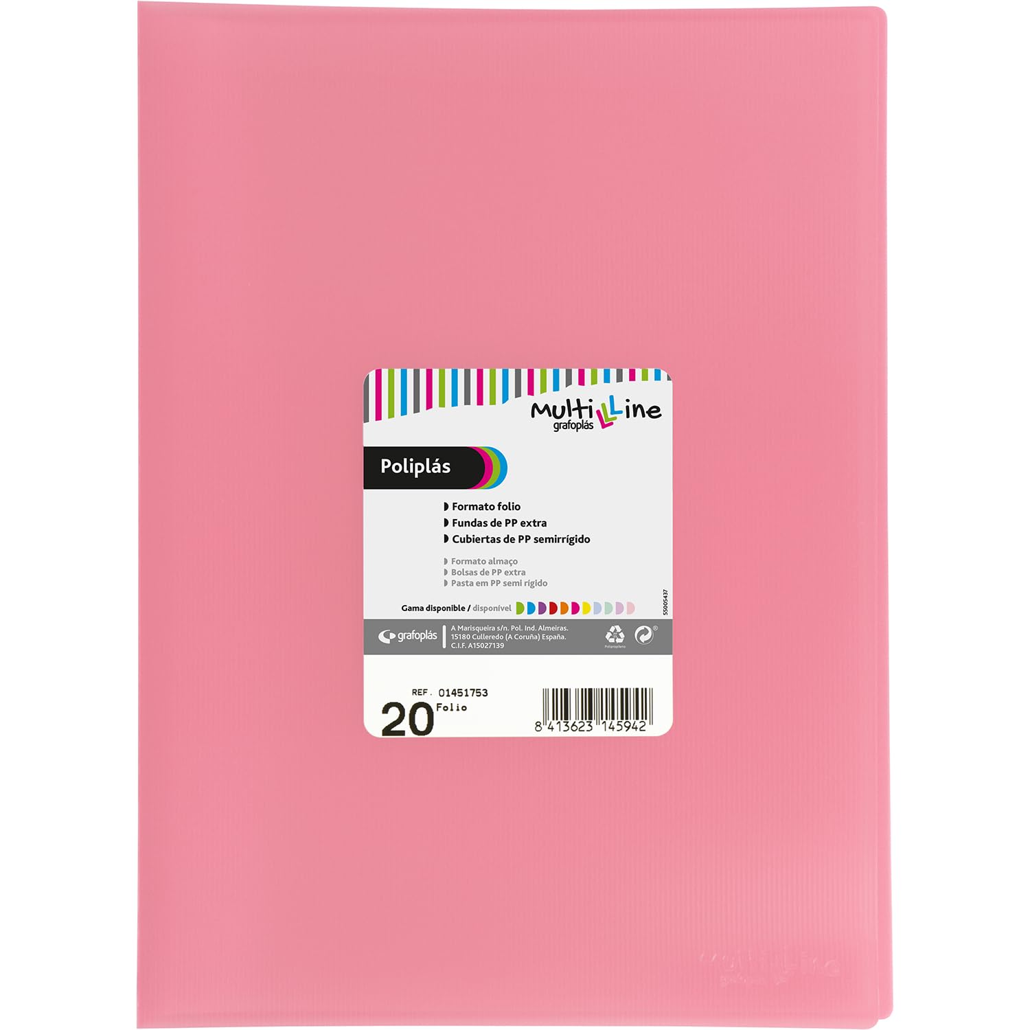 Grafoplás | Plastic Portfolio | 20 Transparent Sleeves | Folio Size | Light Pink | Flexible Covers | Multiline Polyplás | Perfect School and Office Supplies
