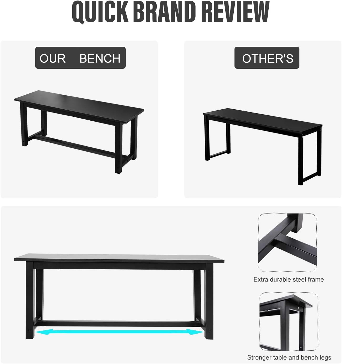 BAHOM 3 Pieces Kitchen Dining Table with Bench Set for 2 Solid Wooden Tabletop and Steel Support Structure for Home, Kitchen, Dining Room (Black, 3pc) - Table & Chair Sets