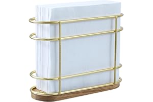 MyGift Modern Brass Tone Metal & Acacia Wood Napkin Holder - Upright Tabletop Dining Rack for Napkins, Stylish and Durable
