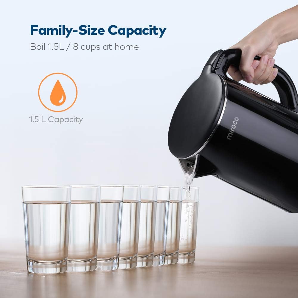 Electric Kettle, Miroco 1.5L Double Wall 100% Stainless Steel BPA-Free Cool Touch Tea Kettle with Overheating Protection, Cordless with Auto Shut-Off: Kitchen & Dining