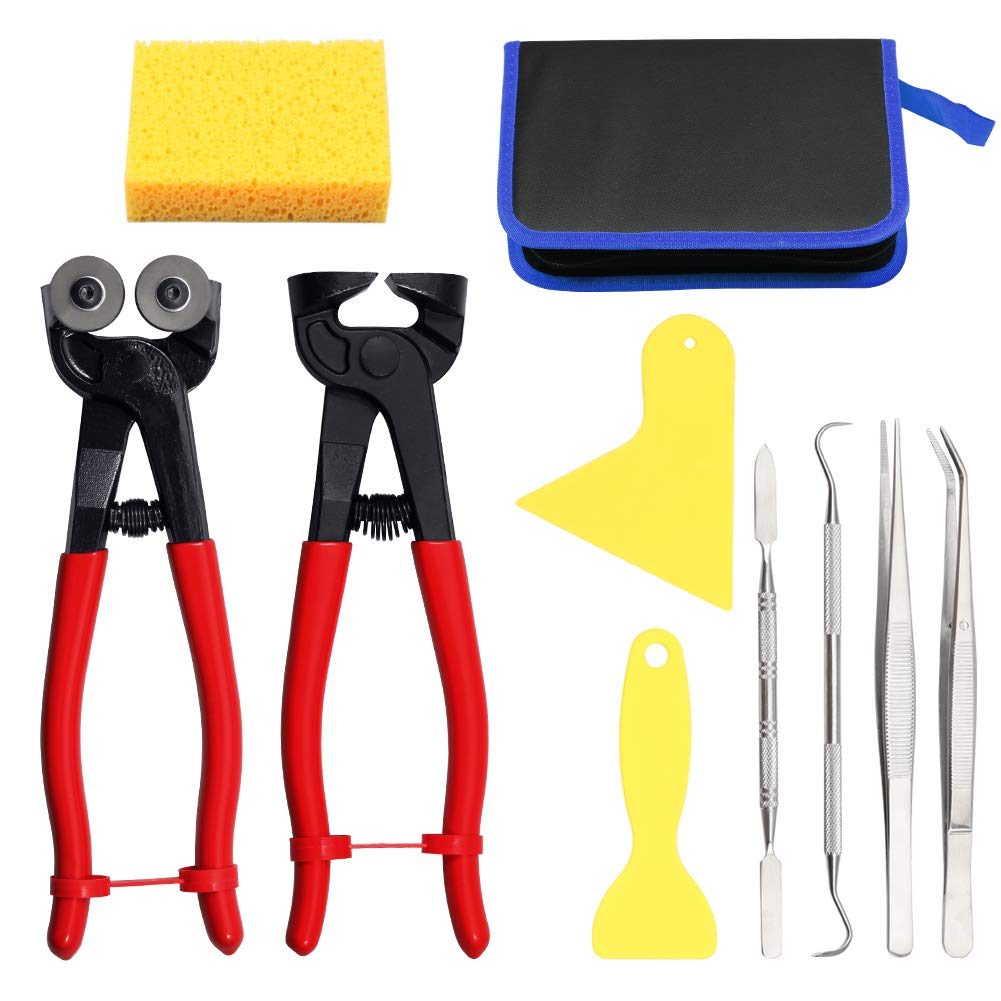 SPEEDWOX 10PCS Mosaic Tools Kit Heavy Duty Glass Mosaic Nippers Tile Cutting Pliers Set with Tweezers Scrapers Double-Ended Hook Spatula Sponge Leather Zipper Bag Stained Glass Tools