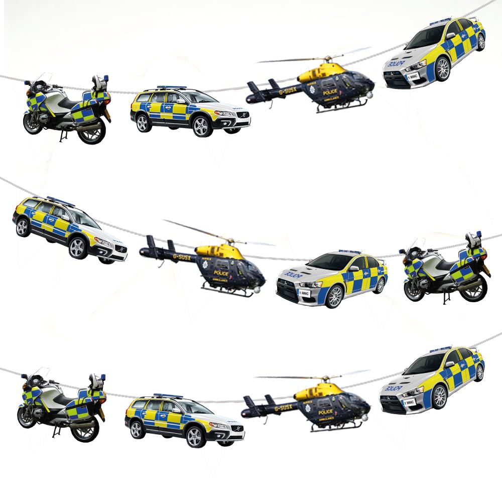 AK Giftshop Real Police Vehicles Car Motorbike Helicopter Bunting Party Decorations - 12pcs / 2.5m Ribbon