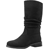 Shoe'N Tale Slouchy Mid Calf Flat Boots for Women Pull On Round Toe Side Zip Fall and Winter Fashion Comfortable Boots