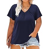 ROSRISS Womens-Plus-Size-Tops Summer Ruffle Short Sleeve Shirts Shirred V Neck Tunics