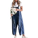 chouyatou Women Loose Adjustable Strap Denim Bib Overall Jeans Distressed Wide Leg Baggy Overalls Jumpsuit
