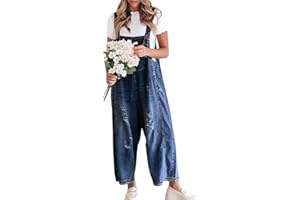 chouyatou Women Loose Adjustable Strap Denim Bib Overall Jeans Distressed Wide Leg Baggy Overalls Jumpsuit