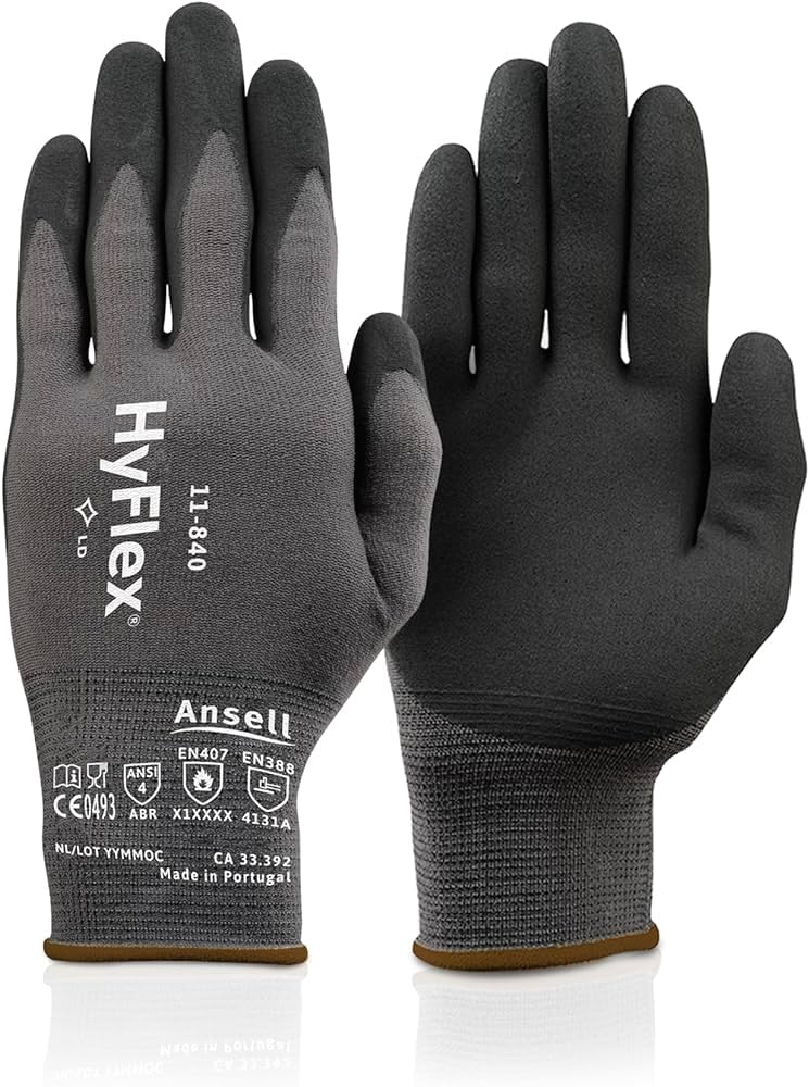 Ansell HyFlex 11-840 Professional Work Gloves, Abrasion Resistant Nitrile Coating with Firm Grip, Multipurpose Protection Gloves, Mechanical and Industrial Safety, Black, Size XS (1 Pair)
