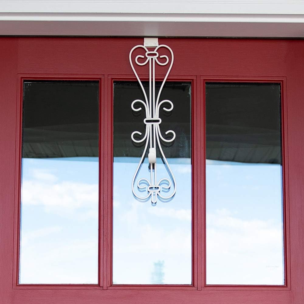 [Front Door Wreath Hanger] - Elegant Design | Adjustable Hook Length for Tall and Small Doors | Padding to Prevent Damage Like Scratch and Dents | Heavy Duty Cast Iron Metal Hangar - (White): Kitchen & Dining