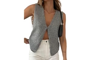 Mieeyali Womens Vintage Knittd Tank Y2k Vest Crop Top Sleeveless V-Neck Open Front Button Crochet Knit Vests Versatile Tops