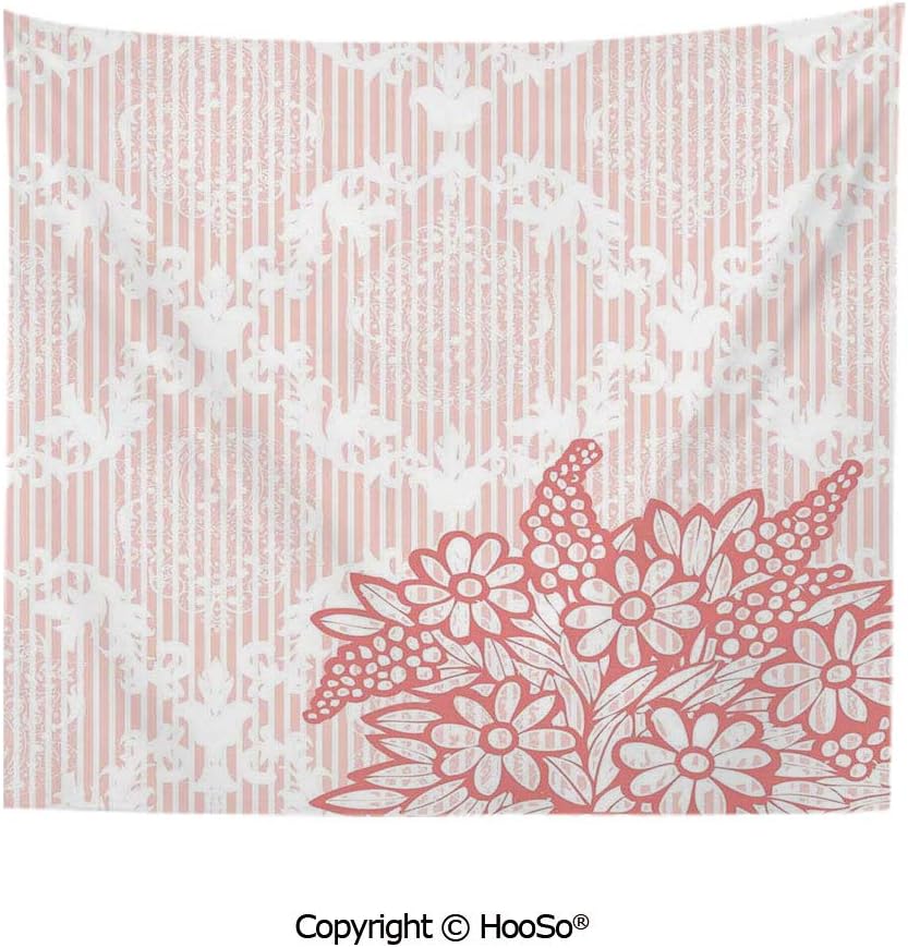 Durable Washable and Reusable Tapestry Wall Hanging Carpet 59x79in,Antique Ornate Royal Checkered Floral Backdrop with Doodle Style Daisy Bouquet,Coral Light Comfy and No Strange Odor Home Decor
