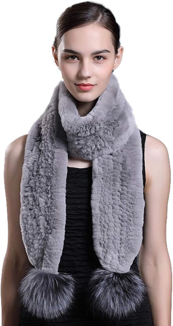 Amazon レディース ニット スカーフ レッキス ファー マフラー フォックス ファー ポンポン付き ロング ネックウォーマー 防寒 ファッション グレー スカーフ 通販
