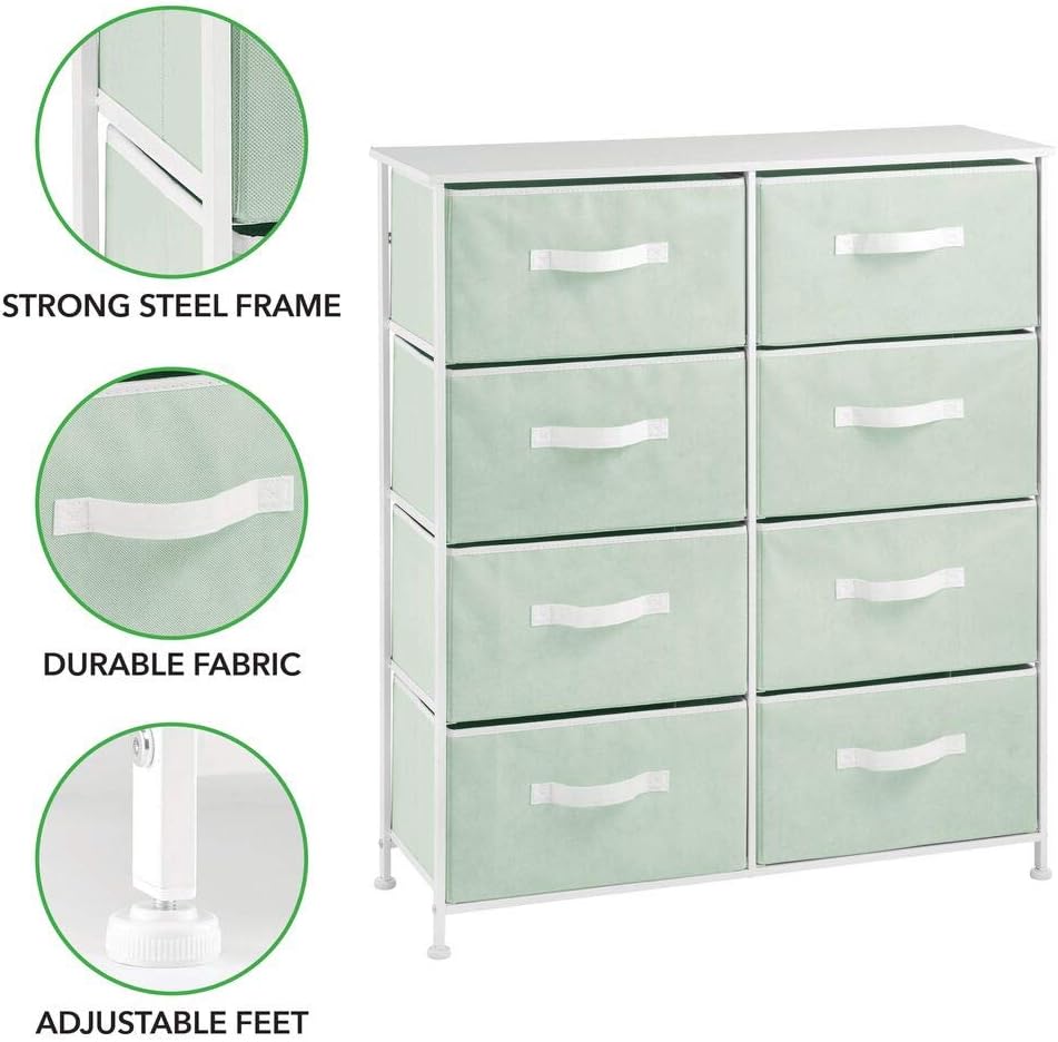 mDesign 8-Drawer Furniture Storage Tower - Sturdy Steel Frame, Easy Pull Fabric Bins - Organizer Unit for Kid's Bedrooms, Playrooms, Nurseries - Mint/White: Furniture & Decor
