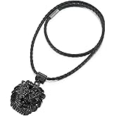 COOLSTEELANDBEYOND Black Lion Head Pendant Necklace for Men, Black Leather Necklace Braided