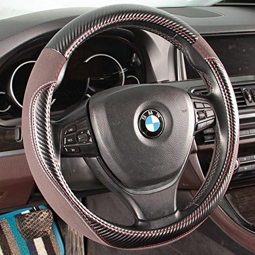 16sixteen Car Steering Wheel Cover Carbon Fiber with Suede Soft Universal Fit 15 Inch Anti-Slip Odor-Free Excellent Grip Breathable
