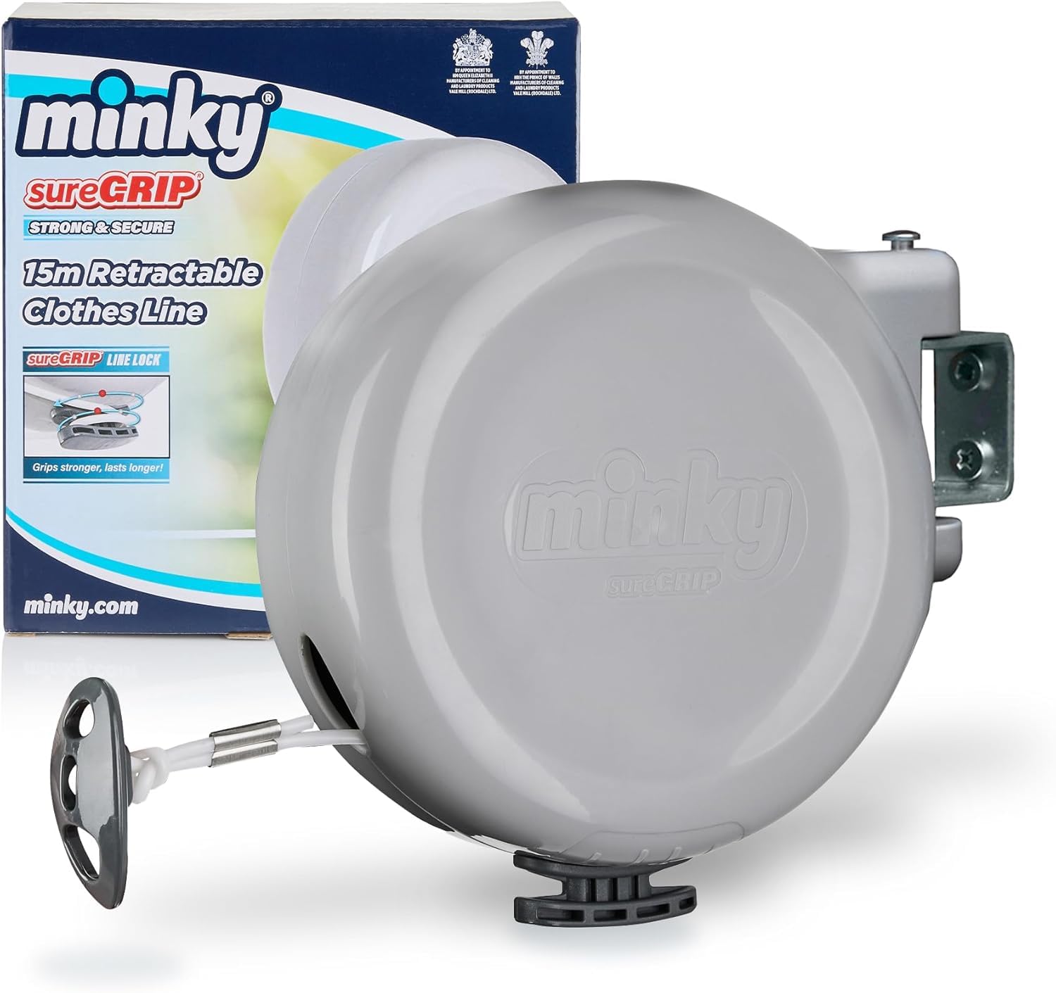 Minky Retractable Reel Washing Line with 15 m of Drying Space, Extendable Clothes Line for Laundry, Wall Mounted for Indoor & Outdoor Use, Grey, Single Line